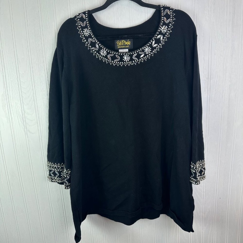 Bob Mackie Wearable Art Black Blouse Sequin‎ Detail Size 2X 100% Cotton